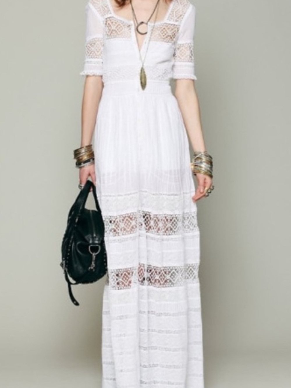 Free People Maxi Dress Small Crocheted Lace Romantic Lined White